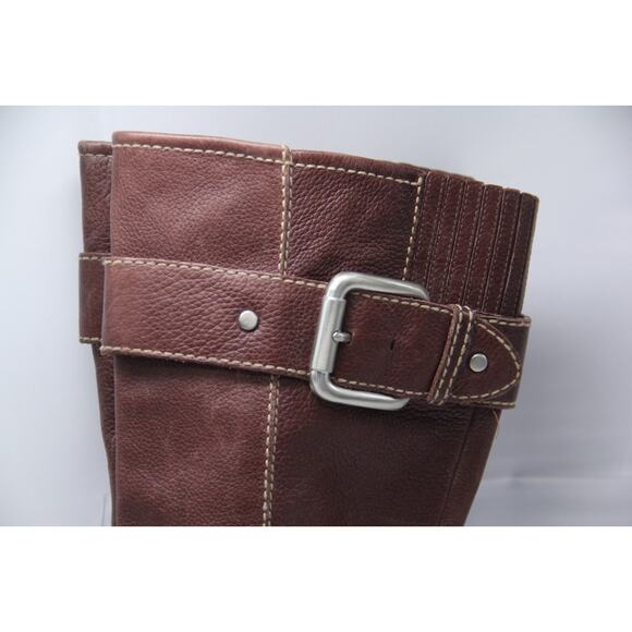 Fossil Maddox Boots Womens 7.5 Buckle Wedge Tall Zip Brown Pebble Grain Leather - Picture 2 of 8